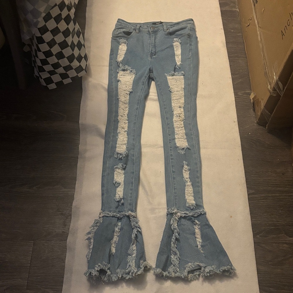 American Bazi Women's High Waist Shirred Distressed Flare Bootcut Jeans S Hippie